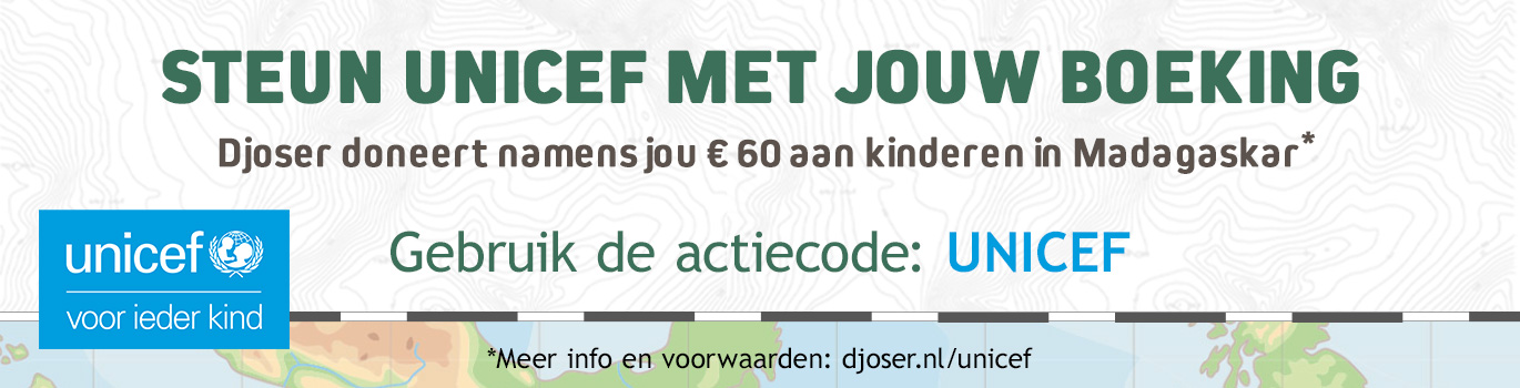 Steun UNICEF met jouw boeking. Djoser doneert namens jou € 60 aan kinderen in Madagaskar. Gebruik de actiecode: UNICEF.