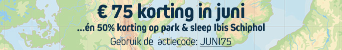 €75 korting in juni...én 50% korting op park & sleep Ibis Schiphol. Gebruik de actiecode: JUNI75