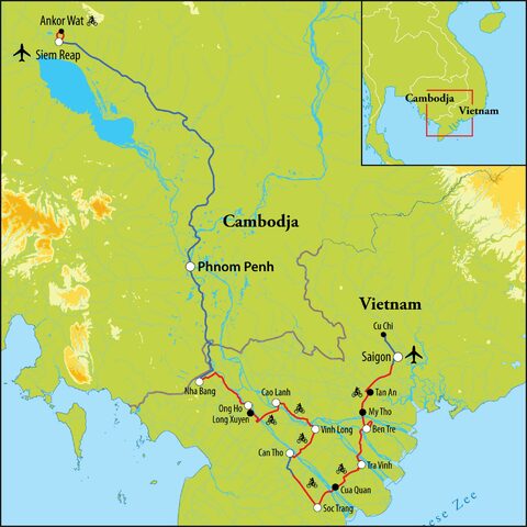 Routekaart Fietsreis Vietnam & Cambodja, 18 dagen