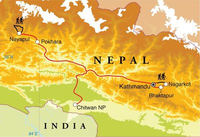 Routekaart Rondreis Nepal met trekking, 20 dagen