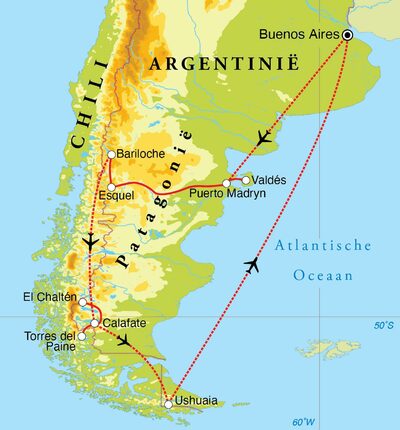 Routekaart Rondreis Argentinië & Chili, 23 dagen