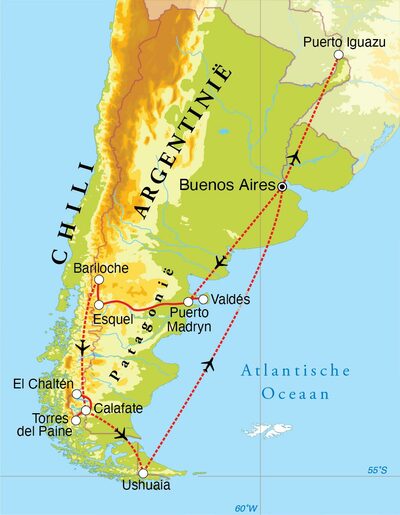 Routekaart Rondreis Argentinië, Chili & Iguaçu, 26 dagen