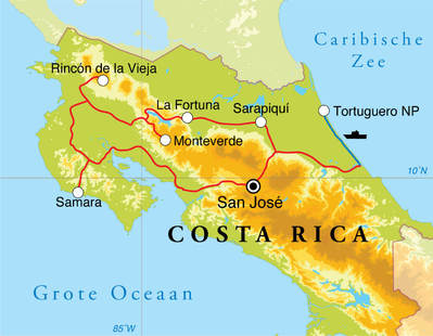 Routekaart Rondreis Costa Rica, 16 dagen
