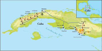 Routekaart Fietsreis Cuba, 18 dagen