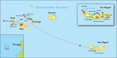 Routekaart Wandel- & Fietsreis Azoren - Portugal, 14 dagen