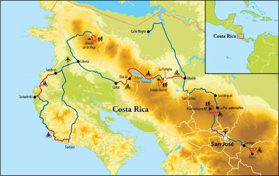 Routekaart Wandel- en Fietsreis Costa Rica, 14 dagen