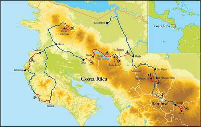 Routekaart Wandel- en Fietsreis Costa Rica, 14 dagen Routekaart Wandel- en Fietsreis Costa Rica, 14 dagen