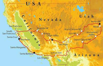 Routekaart Rondreis West-Amerika, 22 dagen hotel/kampeerreis Routekaart Rondreis West-Amerika, 22 dagen hotel/kampeerreis