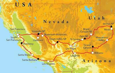 Routekaart Rondreis West-Amerika, 21 dagen hotelreis Routekaart Rondreis West-Amerika, 21 dagen hotelreis