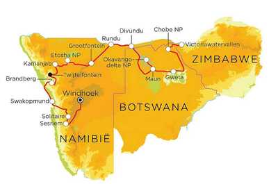 Routekaart Namibië, Botswana & Victoriawatervallen, 22 dagen Routekaart Namibië, Botswana & Victoriawatervallen, 22 dagen