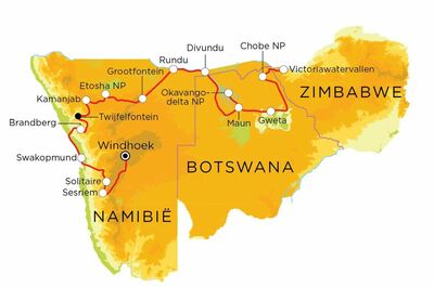 Routekaart Namibië, Botswana & Victoriawatervallen, 22 dagen Routekaart Namibië, Botswana & Victoriawatervallen, 22 dagen