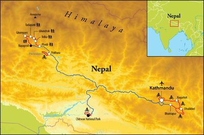 Routekaart Wandel- en fietsreis Nepal, 17 dagen