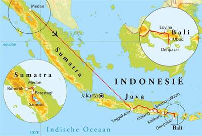 Routekaart Rondreis Sumatra, Java & Bali, 21 dagen