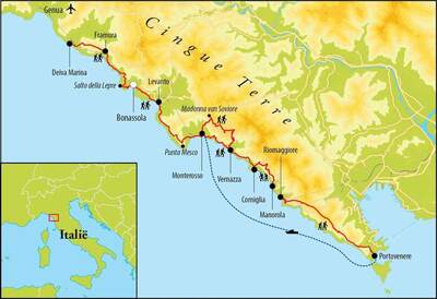 Routekaart Wandelreis Cinque Terre - Italië, 8 dagen Routekaart Wandelreis Cinque Terre - Italië, 8 dagen