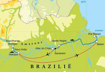 Routekaart Rondreis Brazilië Amazone, 16 dagen Routekaart Rondreis Brazilië Amazone, 16 dagen