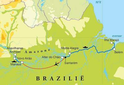 Routekaart Rondreis Brazilië Amazone, 15 dagen Routekaart Rondreis Brazilië Amazone, 15 dagen