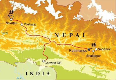 Routekaart Rondreis Nepal met trekking, 20 dagen Routekaart Rondreis Nepal met trekking, 20 dagen
