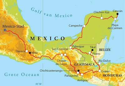 Routekaart Rondreis Mexico, Guatemala & Honduras, 24 dagen Routekaart Rondreis Mexico, Guatemala & Honduras, 24 dagen