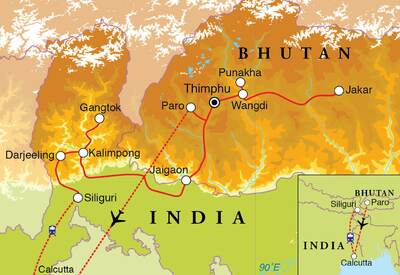 Routekaart Rondreis Bhutan, Sikkim & Darjeeling, 20 dagen
