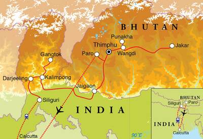 Routekaart Rondreis Bhutan, Sikkim & Darjeeling, 20 dagen Routekaart Rondreis Bhutan, Sikkim & Darjeeling, 20 dagen