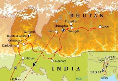 Routekaart Rondreis Bhutan, Sikkim & Darjeeling, 20 dagen
