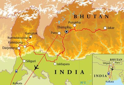 Routekaart Rondreis Bhutan, Sikkim & Darjeeling, 20 dagen