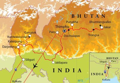 Routekaart Rondreis Bhutan, Sikkim & Darjeeling, 20 dagen