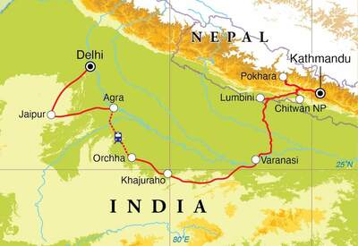Routekaart Rondreis India & Nepal, 22 dagen Routekaart Rondreis India & Nepal, 22 dagen