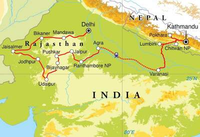 Routekaart Rondreis India, Rajasthan & Nepal, 30 dagen Routekaart Rondreis India, Rajasthan & Nepal, 30 dagen
