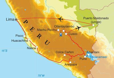 Routekaart Rondreis Peru met Amazone, 24 dagen Routekaart Rondreis Peru met Amazone, 24 dagen