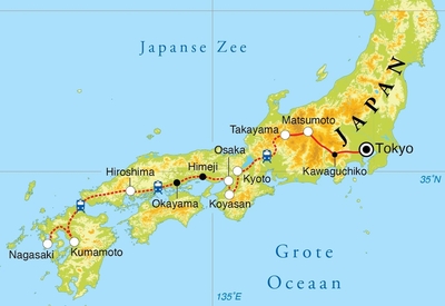 Routekaart Rondreis Japan, 22 dagen