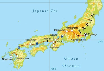 Routekaart Rondreis Japan, 22 dagen Routekaart Rondreis Japan, 22 dagen