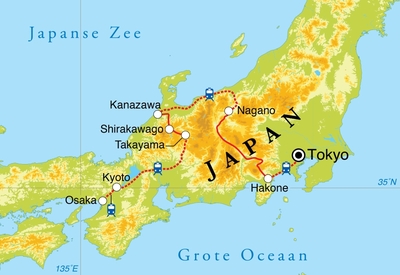 Routekaart Winterreis Japan, 15 dagen