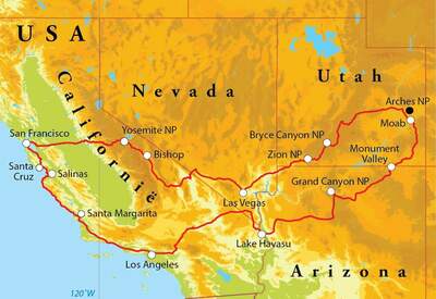 Routekaart Rondreis West-Amerika, 22 dagen hotel/kampeerreis Routekaart Rondreis West-Amerika, 22 dagen hotel/kampeerreis