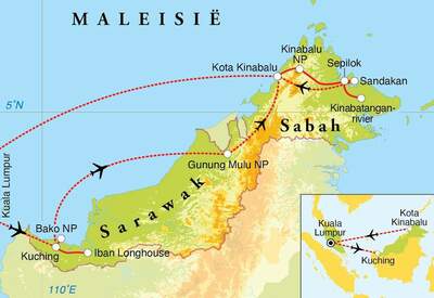Routekaart Rondreis Maleisisch Borneo, Sabah & Sarawak, 20 dagen Routekaart Rondreis Maleisisch Borneo, Sabah & Sarawak, 20 dagen
