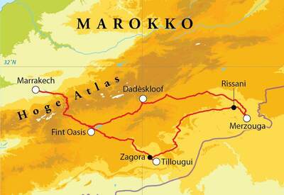 Routekaart Rondreis Marokko Saharasafari, 8 dagen Routekaart Rondreis Marokko Saharasafari, 8 dagen