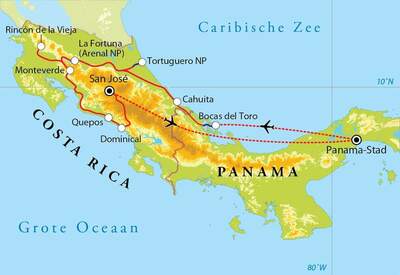 Routekaart Rondreis Costa Rica & Panama, 21 dagen