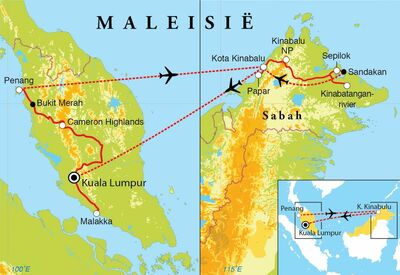 Routekaart Rondreis West-Maleisië & Borneo, 20 dagen Routekaart Rondreis West-Maleisië & Borneo, 20 dagen