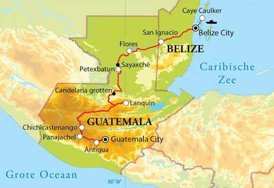 Routekaart Rondreis Guatemala & Belize, 19 dagen
