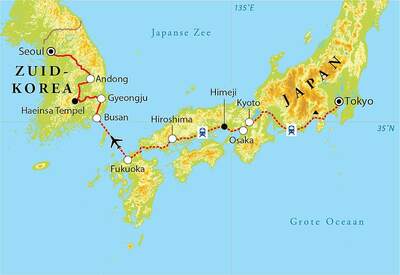 Routekaart Rondreis Japan & Zuid-Korea, 22 dagen Routekaart Rondreis Japan & Zuid-Korea, 22 dagen
