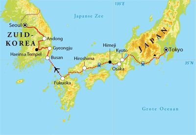 Routekaart Rondreis Japan & Zuid-Korea, 22 dagen Routekaart Rondreis Japan & Zuid-Korea, 22 dagen
