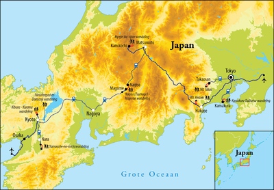 Routekaart Wandelreis Japan, 15 dagen