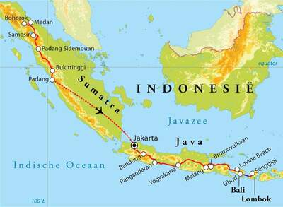 Routekaart Rondreis Sumatra, Java, Bali & Lombok, 28 dagen