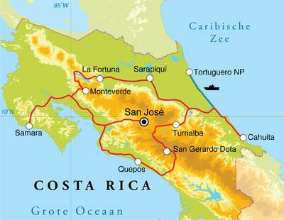 Routekaart Rondreis Costa Rica, 21 dagen