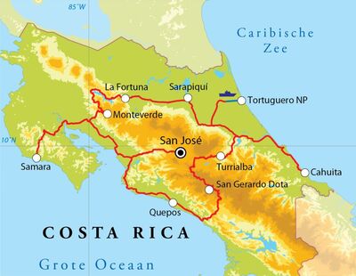 Routekaart Rondreis Costa Rica, 21 dagen