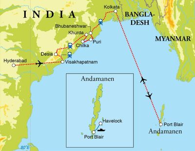 Routekaart Rondreis Oost-India & Andamaneilanden, 23 dagen Routekaart Rondreis Oost-India & Andamaneilanden, 23 dagen