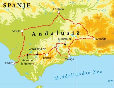 Routekaart Rondreis Spanje (Andalusië), 12 dagen Routekaart Rondreis Spanje (Andalusië), 12 dagen