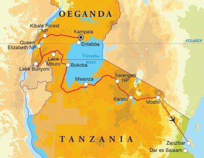 Routekaart Rondreis Oeganda, Tanzania & Zanzibar, 21 dagen hotel/kampeerreis Routekaart Rondreis Oeganda, Tanzania & Zanzibar, 21 dagen hotel/kampeerreis