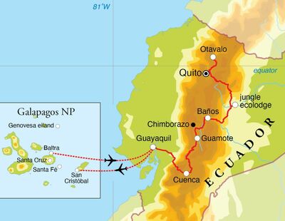 Routekaart Rondreis Ecuador & Galapagos, 21 dagen