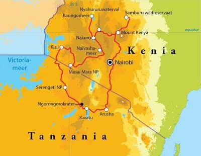 Routekaart Rondreis Kenia & Tanzania, 18 dagen lodge/hotelreis
